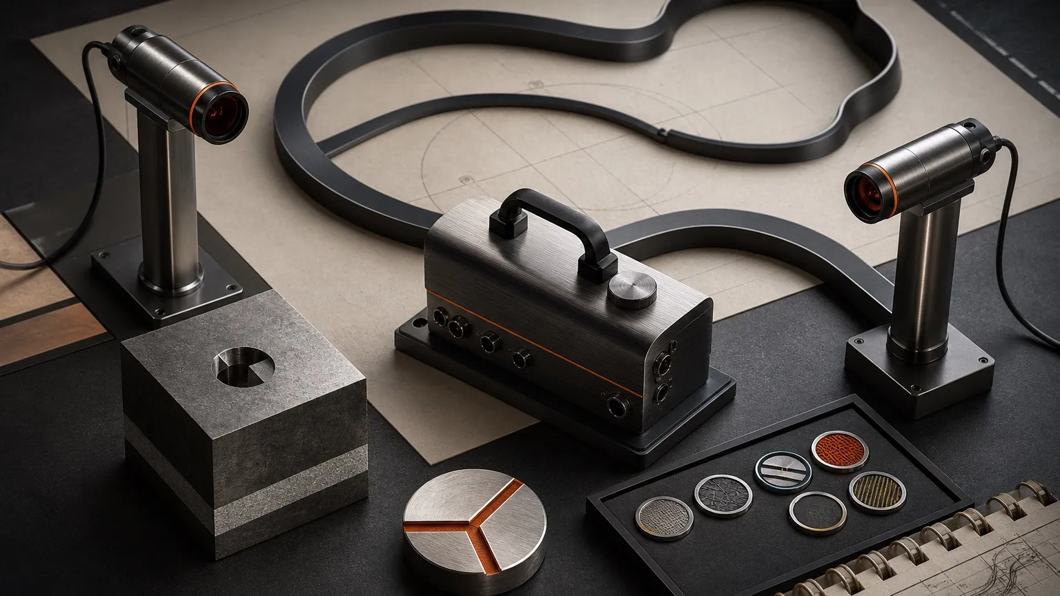 Precision timing bench with sensor gates and an abstract circuit loop