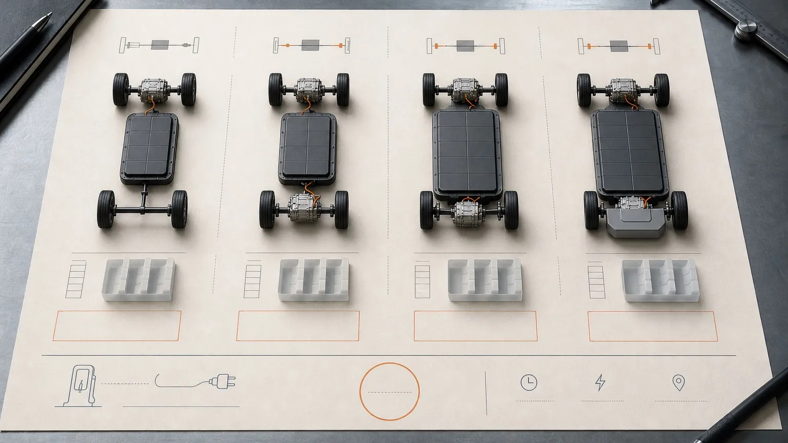 Four generic electric vehicle platforms arranged as a configuration comparison